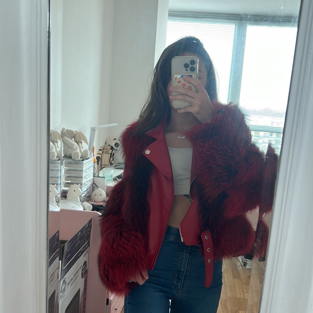 Like New Diana Roosh Bright Red Fox Fur Sheep Skin Leather Jacket Fur Coat View 2